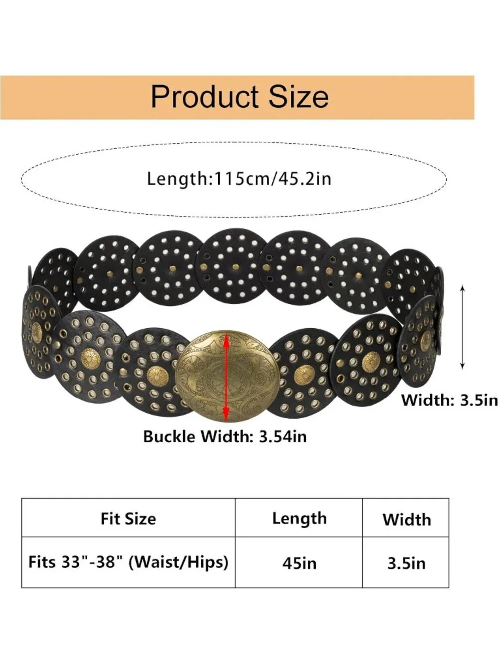 Women Black & Gold Wide Western Disc Belt Cowgirl Boho-Concho Leather Belt